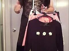 Crossdressing amateur Hyna shops and crossdresses in charity shop