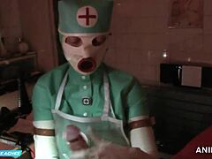 Die Krankenschwester Jade Green in Maskenhandschuhen gibt dem Patienten in Gummi-Outfit eine anale Faust und einen Blowjob