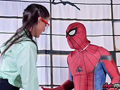 Sofiemariexxx gives a naughty blowjob to spiderman's huge hard cock